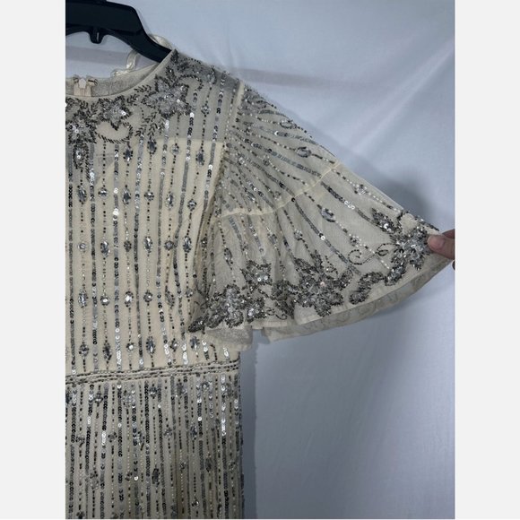 NWT $578 Mac Duggal [ 10 ] Embellished Beaded Flounce Sleeve Midi Dress‎ Cream - Picture 10 of 15